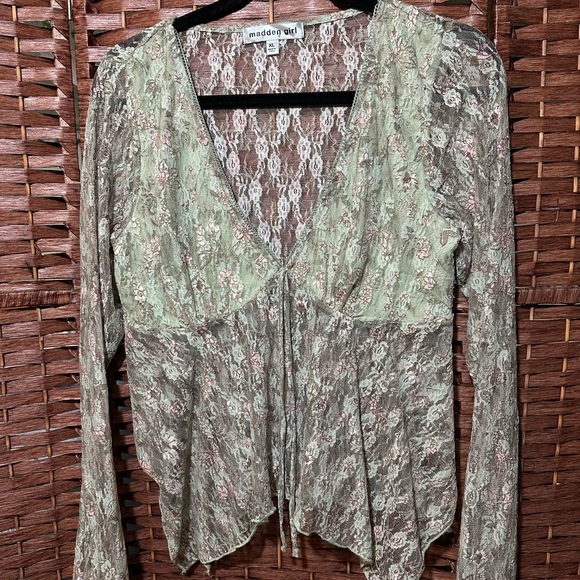 Madden Girl Tops - madden girl Sage Green Lace Tie-Front Women's Floral Sheer Long Sleeve Blouse
